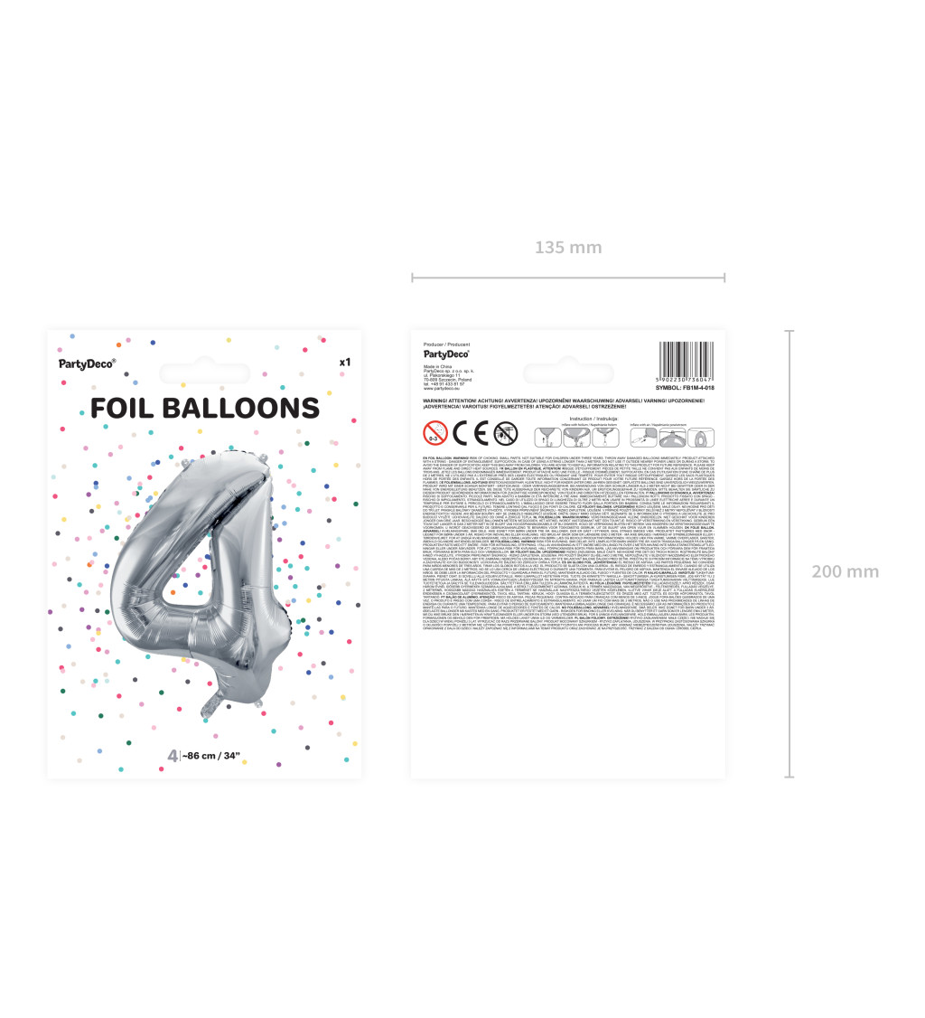 Fóliový balónek číslo 4 - Stříbrný