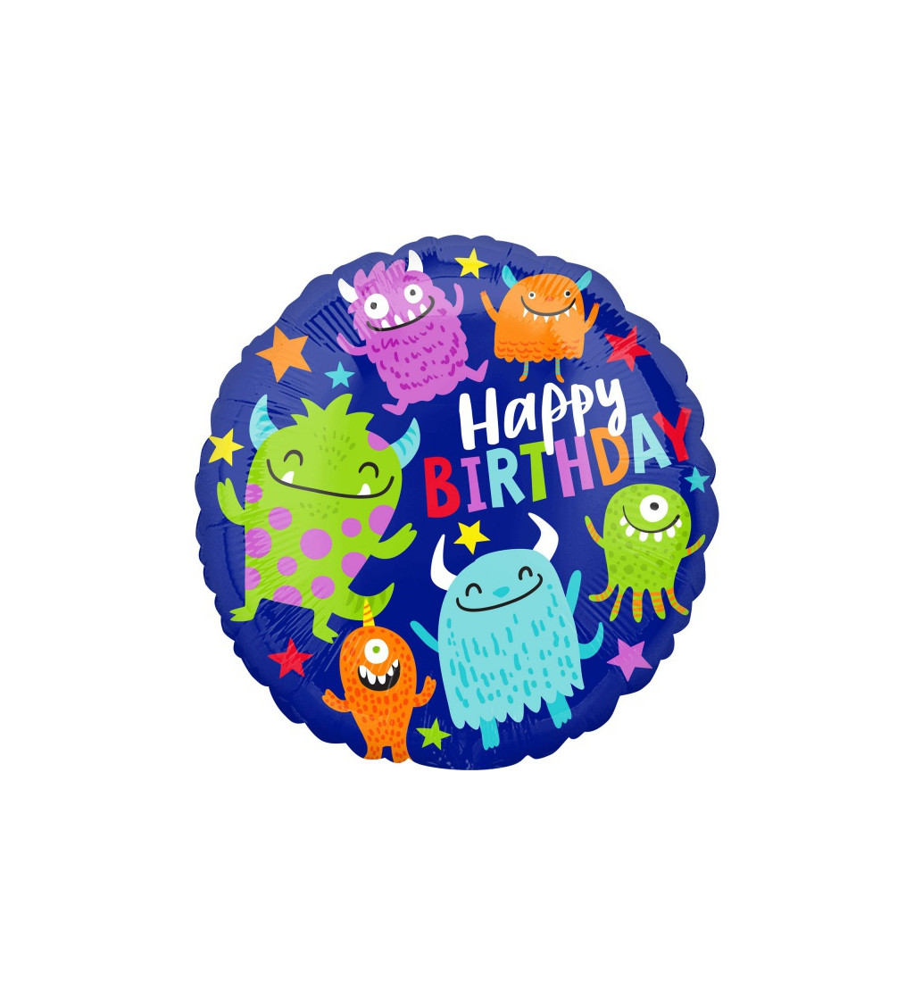 Kulatý fóliový balónek Happy Birthday s příšerkami