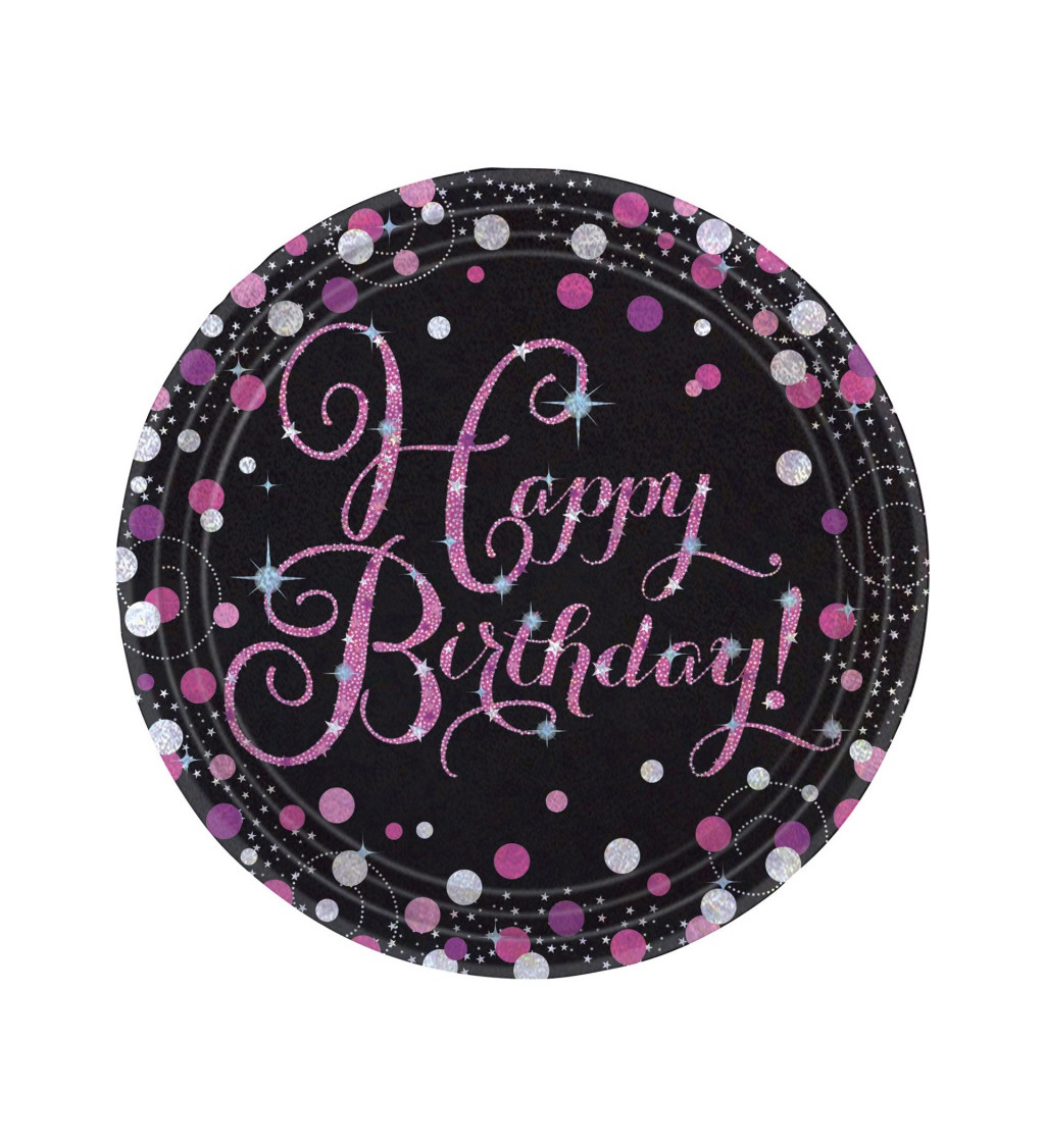 Talířky - černé s růžovým nápisem "Happy Birthday"