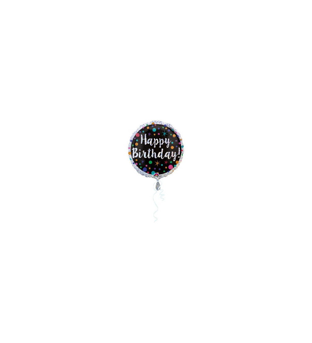 Fóliový narozeninový balónek - černý s barevnými tečkami