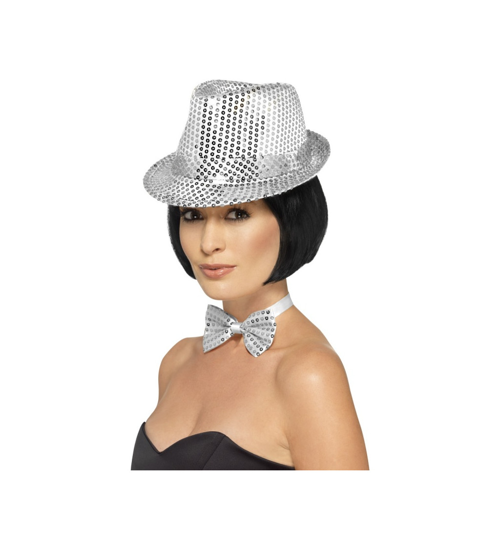 Stříbrný třpytivý glitter klobouk