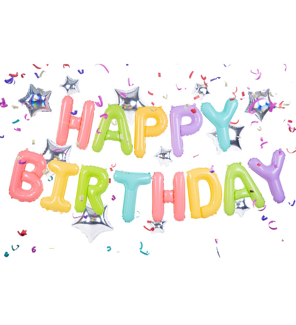 Pastelové balónky - nápis Happy Birthday