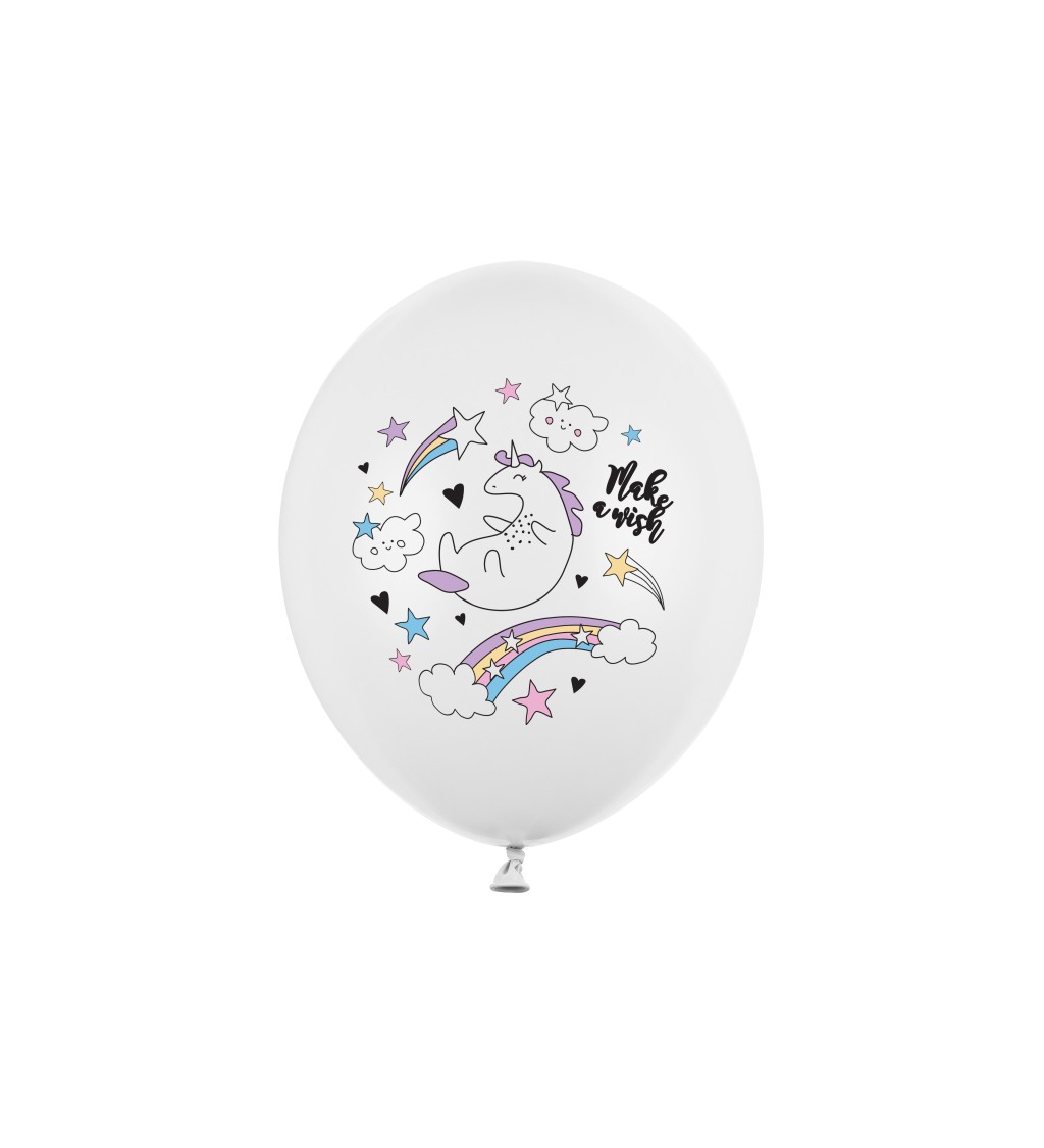 Bílý balónek jednorožec s barevným potiskem - 6 ks