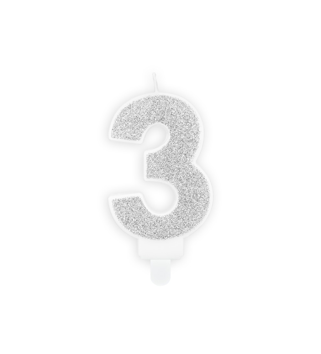 Stříbrná svíčka ve tvaru čísla 3