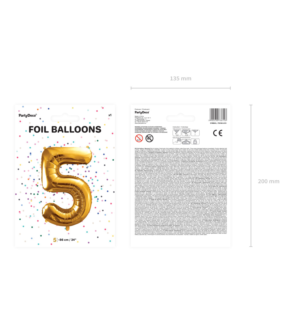 Fóliový zlatý balónek číslo 5