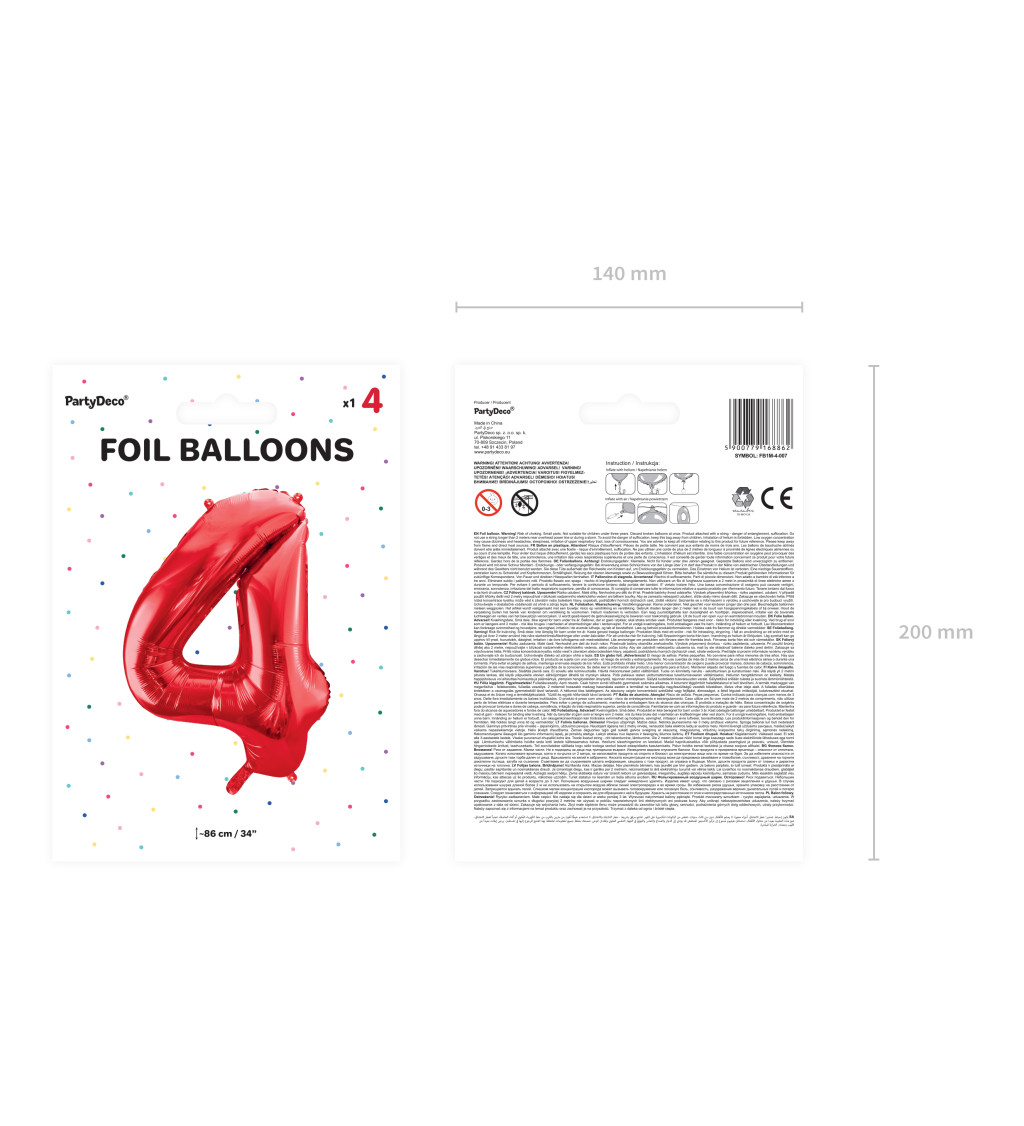 Fóliový červený balónek číslo 4
