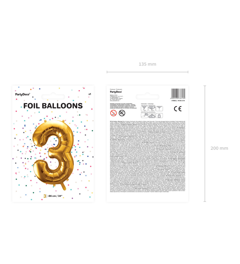 Velký zlatý fóliový balónek "3"
