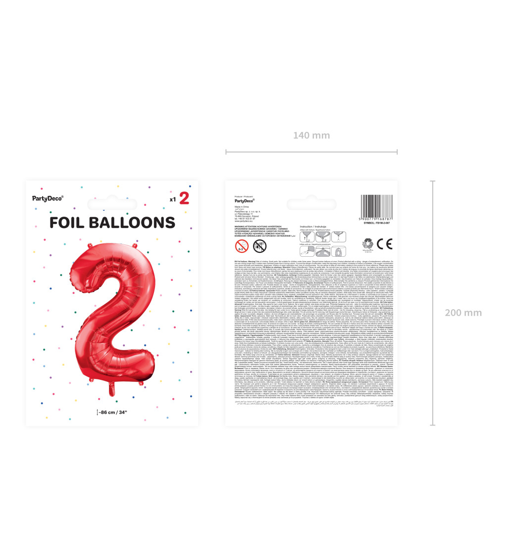 Fóliový červený balónek číslo 2