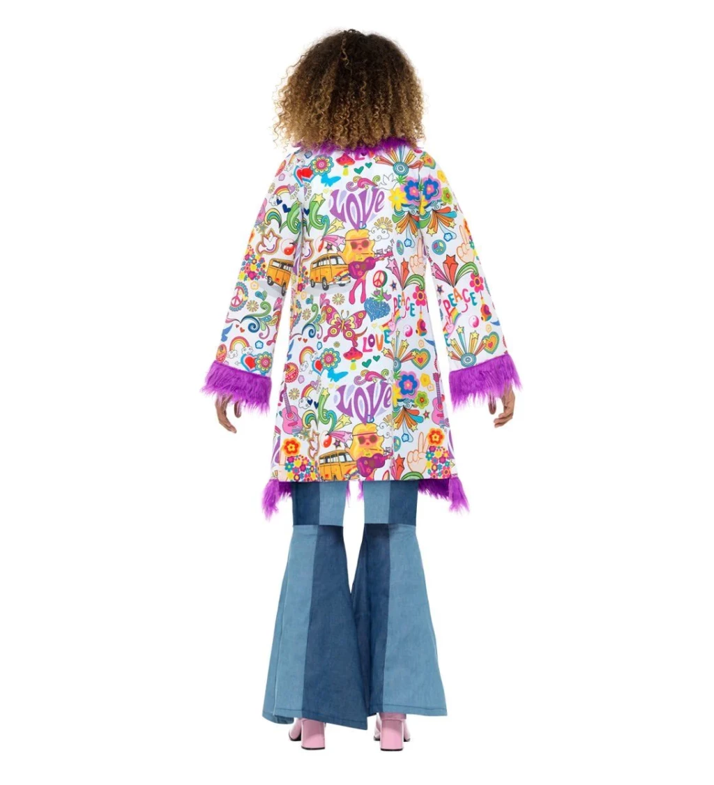 Barevný hippie kabát s fialovou kožešinou