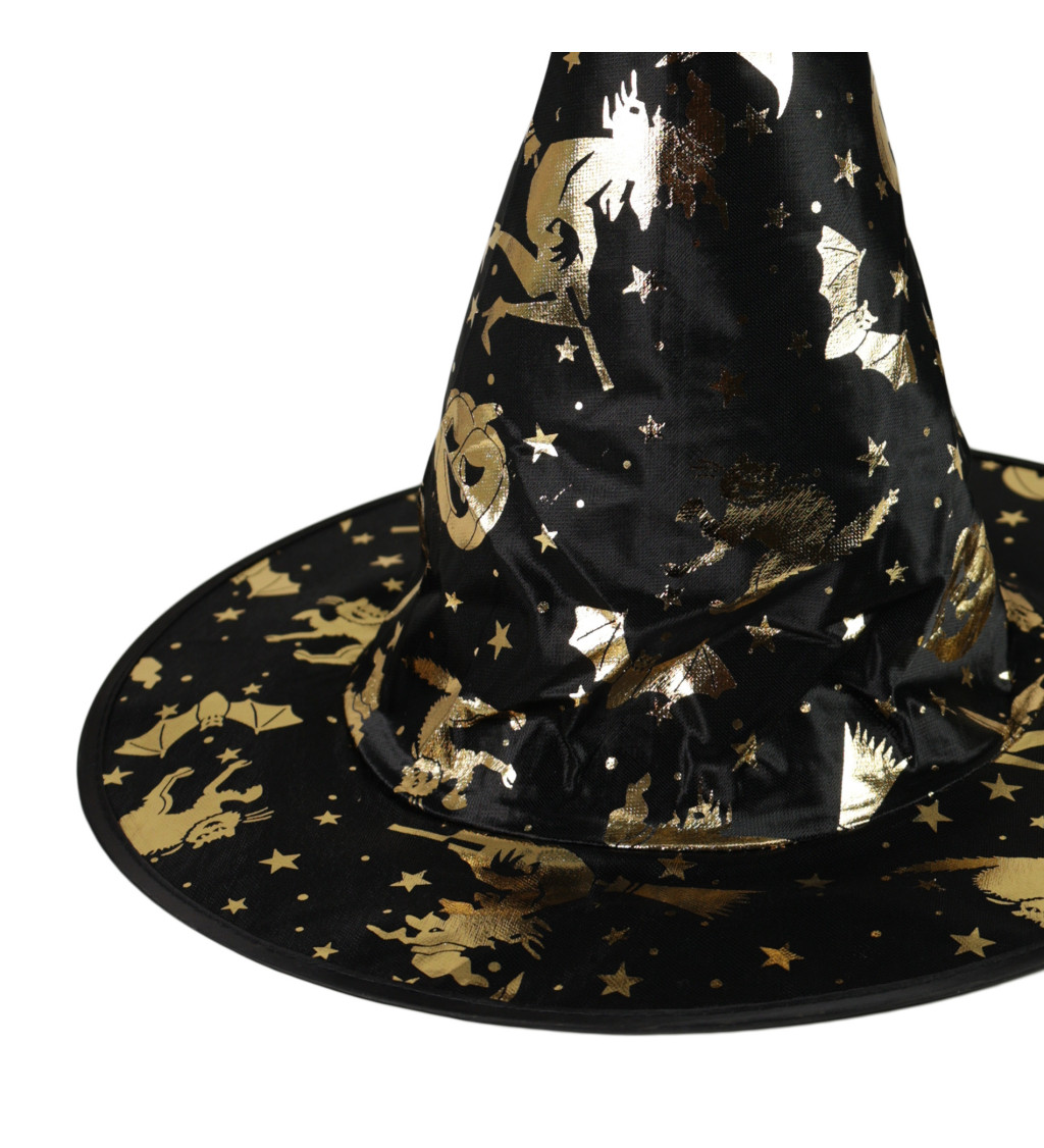 Dětský černo-zlatý čarodějnický klobouk