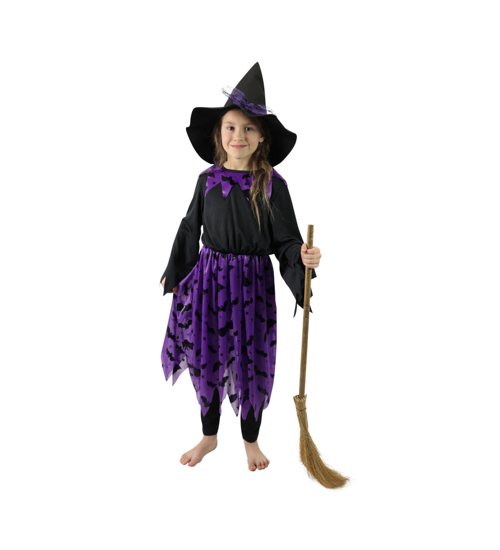 Dětský čarodějnický kostým - černý s fialovými netopýry