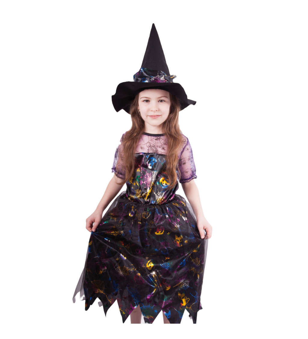 Dětský čarodějnický kostým - barevné šaty a klobouk