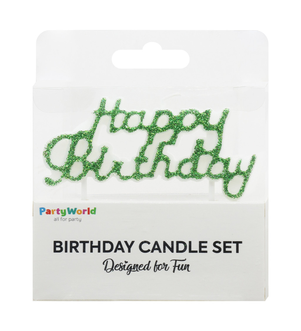 Zelená svíčka Happy Birthday s glitry