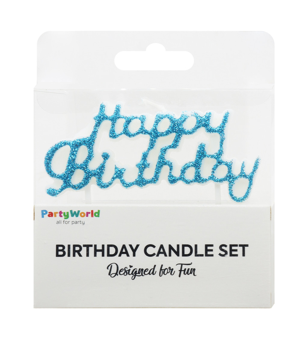 Modrá svíčka Happy Birthday s glitry