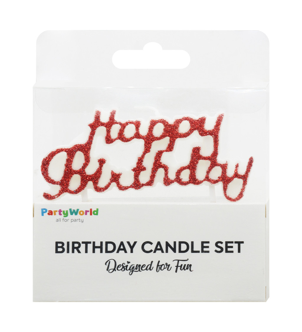 Červená svíčka Happy Birthday s glitry