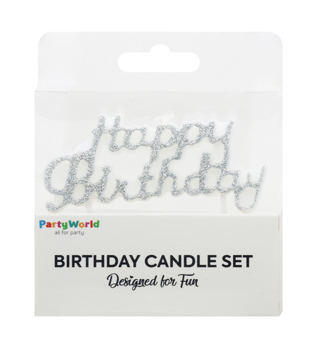 Stříbrná svíčka Happy Birthday s glitry