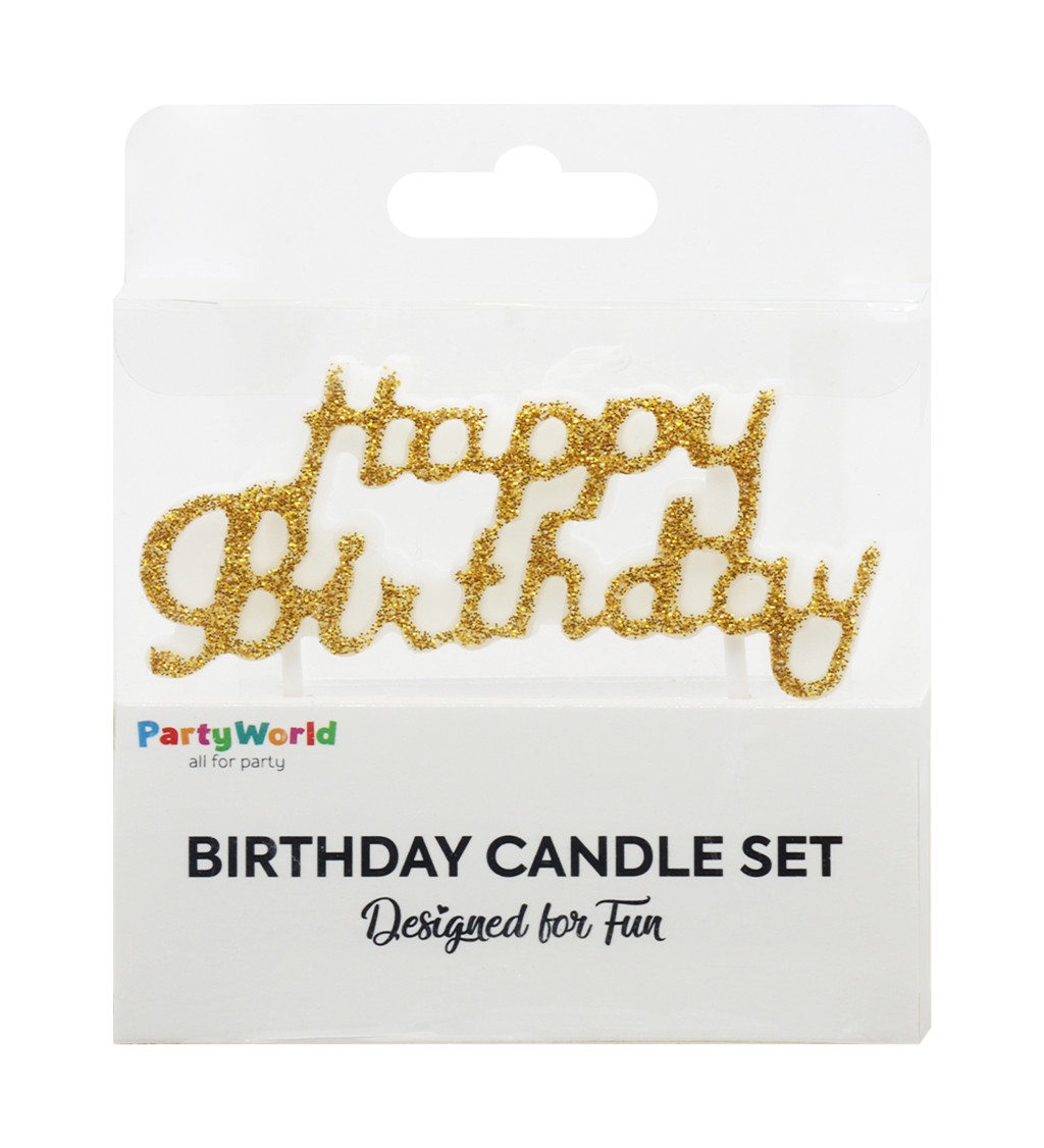 Zlatá svíčka Happy Birthday s glitry