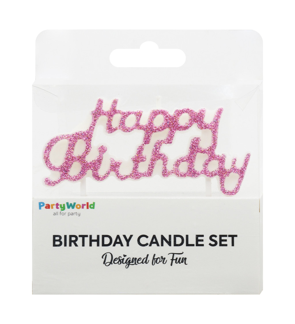 Růžová svíčka Happy Birthday s glitry