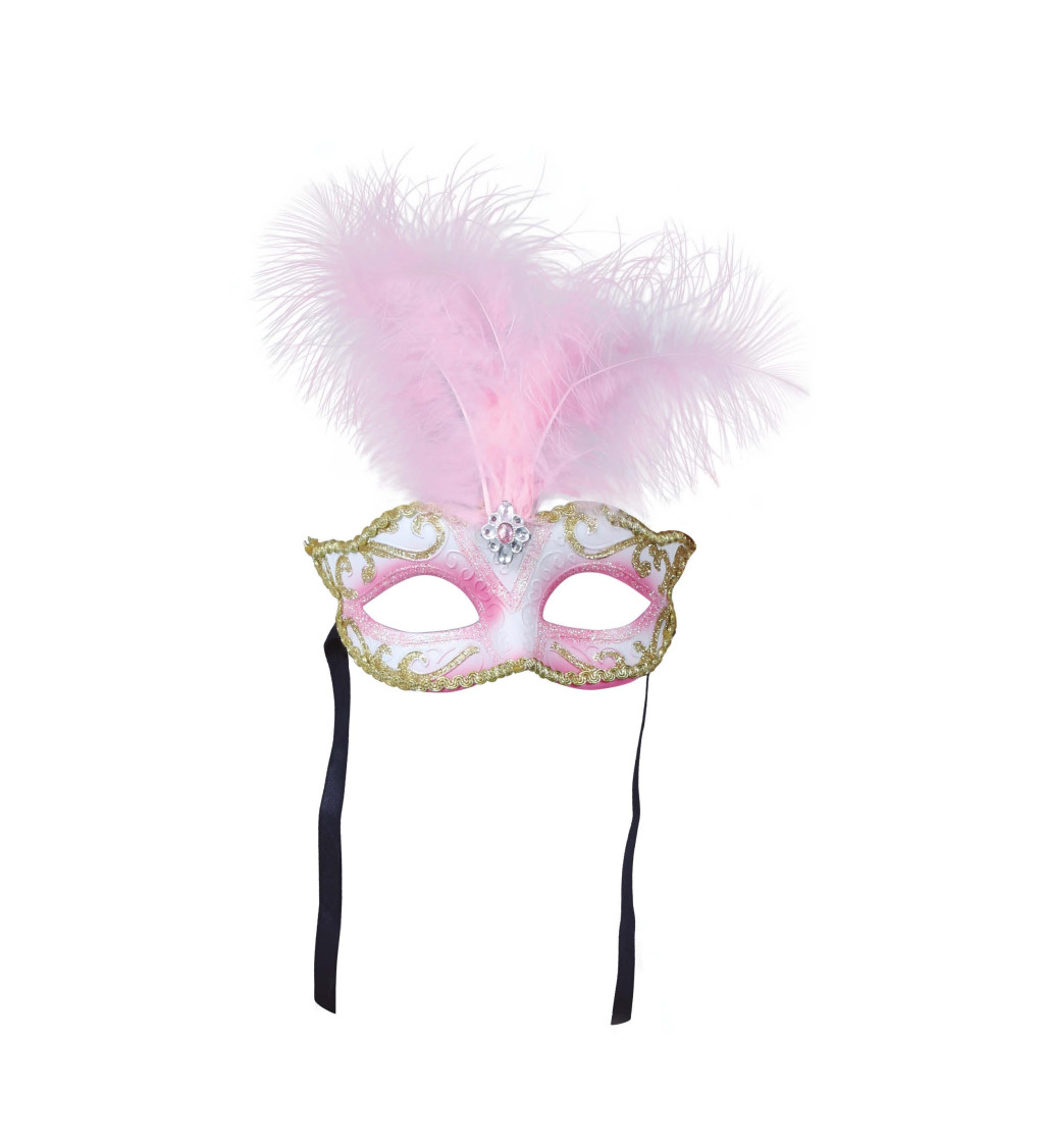 Růžová škraboška s peřím