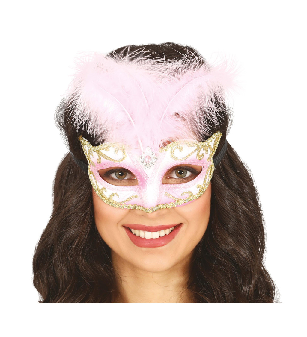 Růžová škraboška s peřím