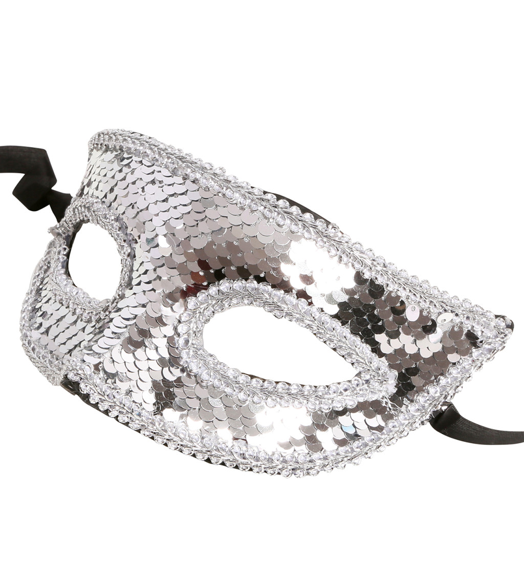 Stříbrná flitrová škraboška