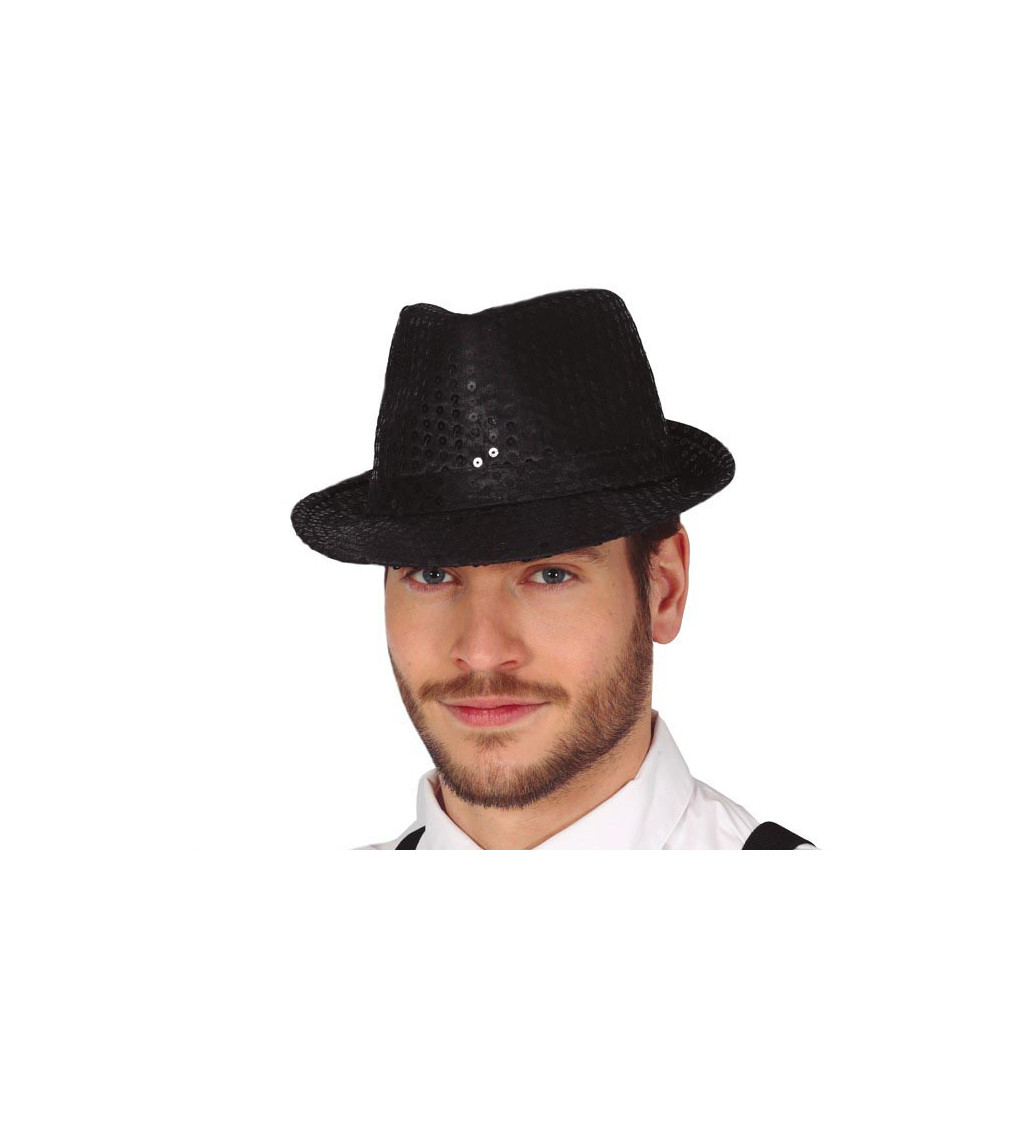 Černý flitrový gangster klobouk