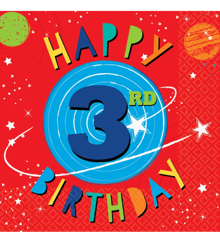 Ubrousky - červené, narozeninové s nápisem "Happy 3rd Birthday"