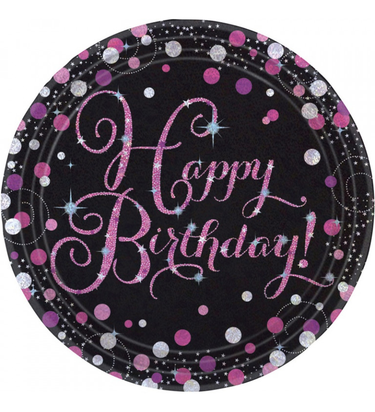 Talířky - černé s růžovým nápisem "Happy Birthday"