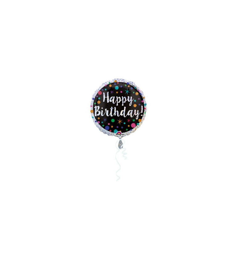 Fóliový narozeninový balónek - černý s barevnými tečkami