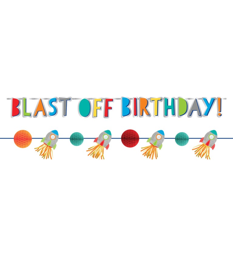Vesmírná girlanda s nápisem "Blast off Birthday"