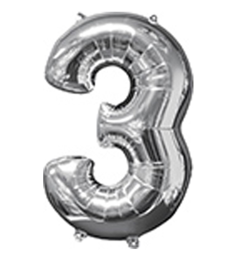 Číslo 3 stříbrný fóliový balónek