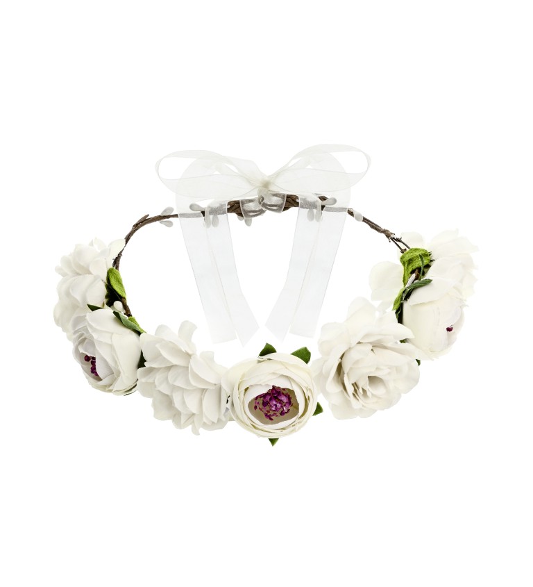 Romantická květinová korunka z růží v bílé barvě