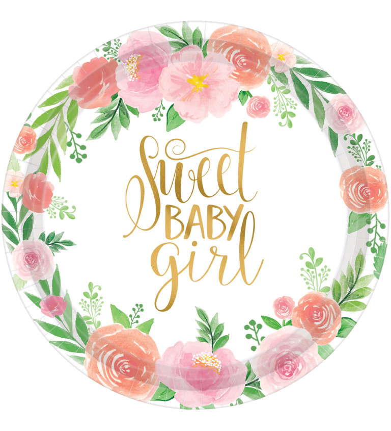 Talířky - květinové s nápisem "sweet baby girl"