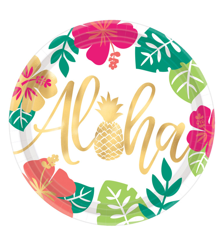 Talířky - motiv květin, zlatý nápis "Aloha"