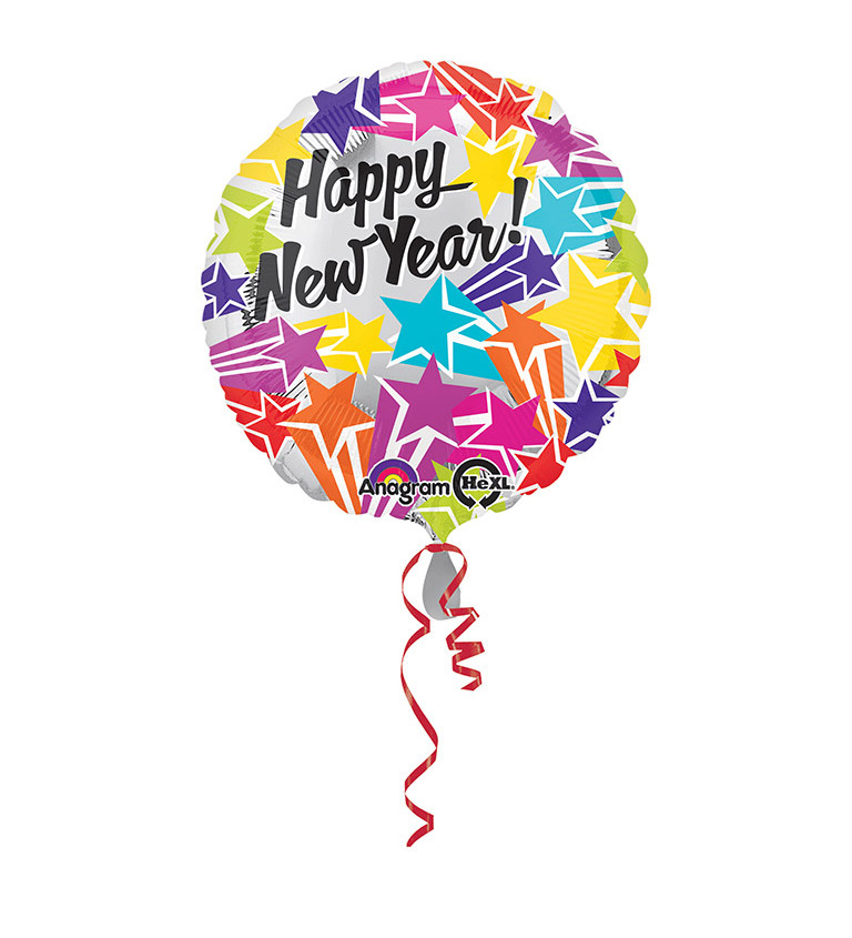 Balónek "Happy New Year!" - barevné hvězdy
