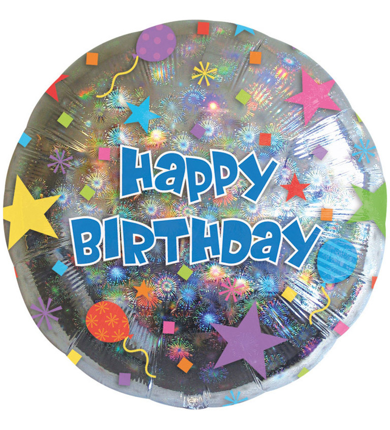 Fóliový balónek - kulatý, stříbrný s nápisem "Happy Birthday"