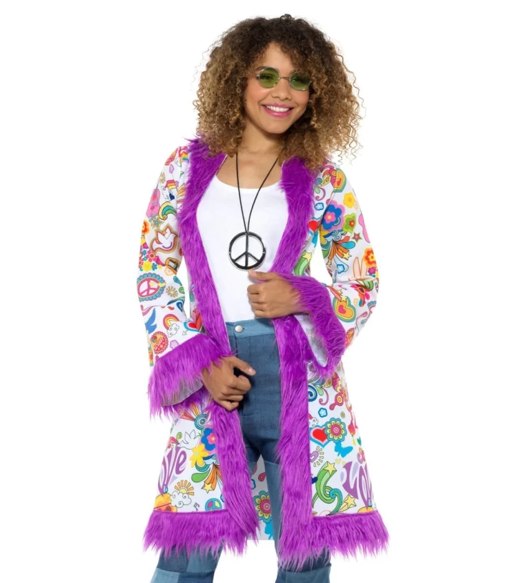 Barevný hippie kabát s fialovou kožešinou