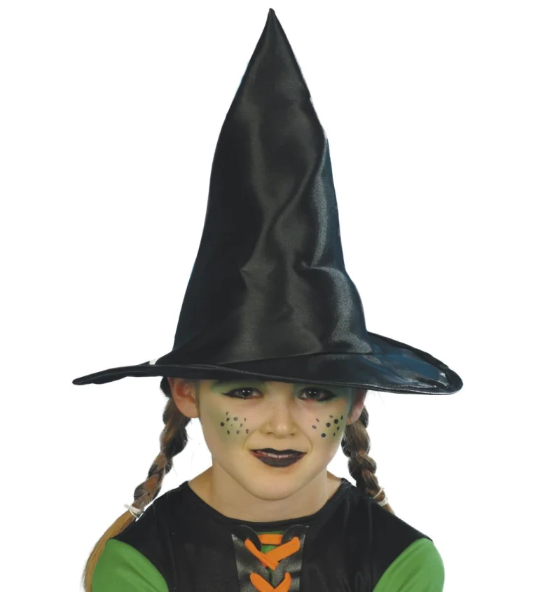Lesklý černý klobouk pro malé čarodějnice