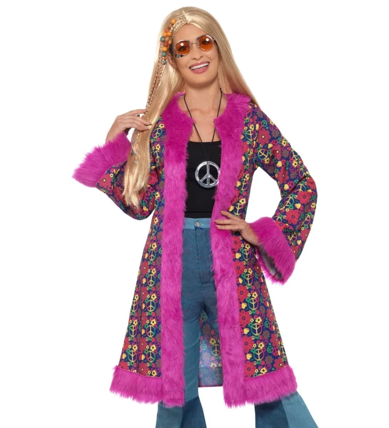 Dámský hippie kabát s růžovým lemem