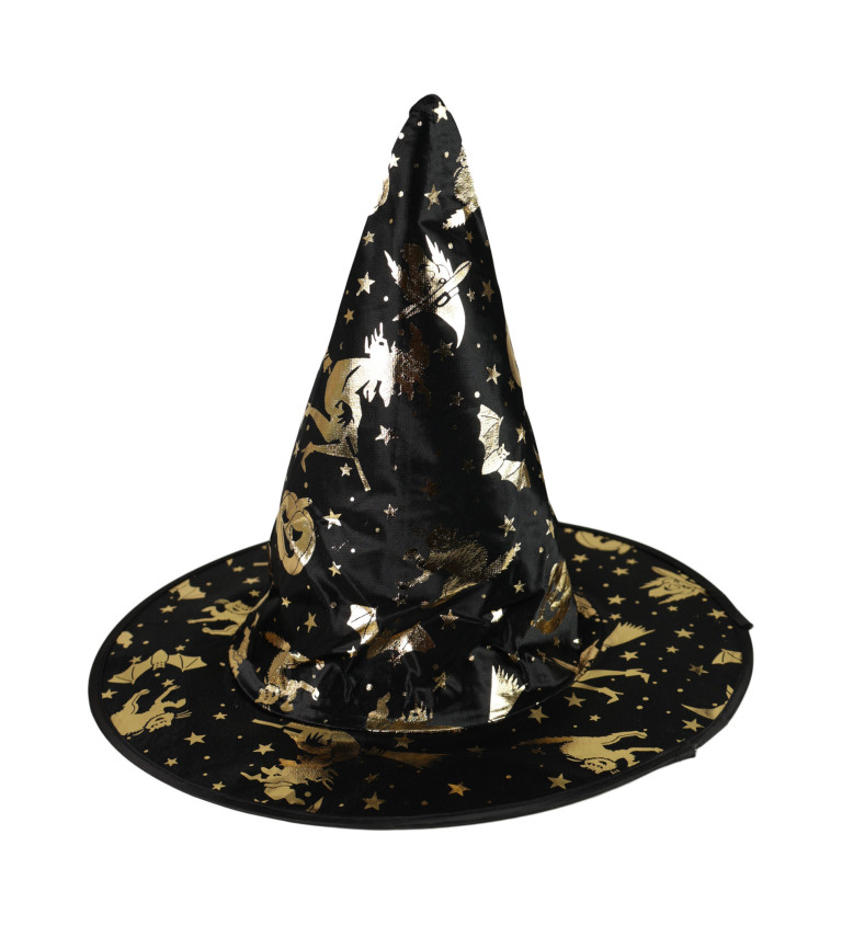 Dětský černo-zlatý čarodějnický klobouk