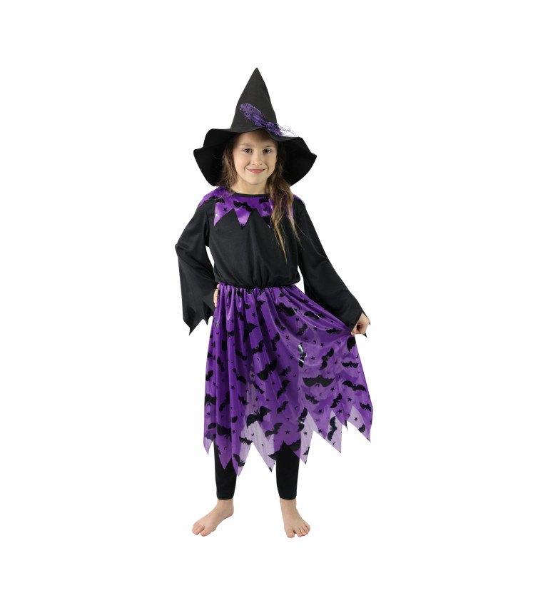 Dětský čarodějnický kostým - černý s fialovými netopýry