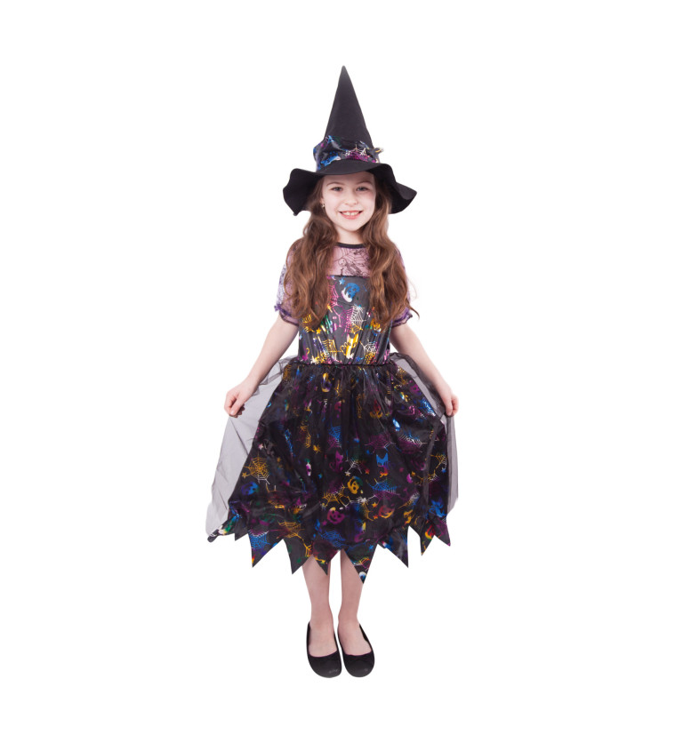 Dětský čarodějnický kostým - barevné šaty a klobouk