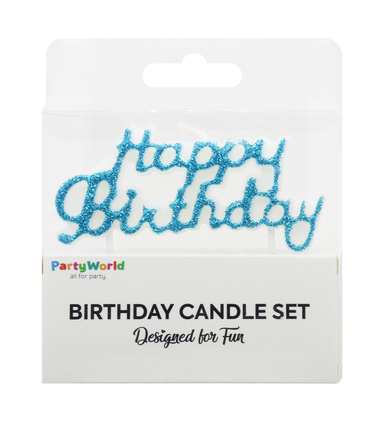 Modrá svíčka Happy Birthday s glitry