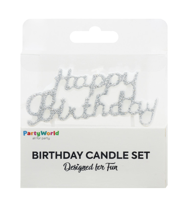 Stříbrná svíčka Happy Birthday s glitry