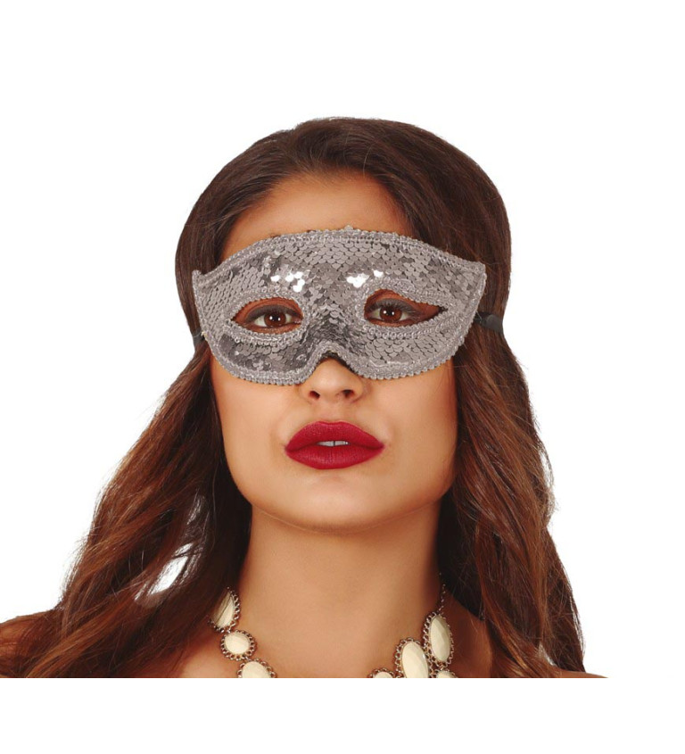 Stříbrná flitrová škraboška