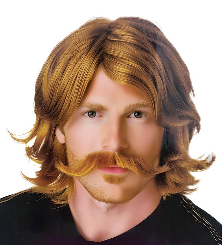 Světle hnědá pánská paruka – 70. léta s knírkem